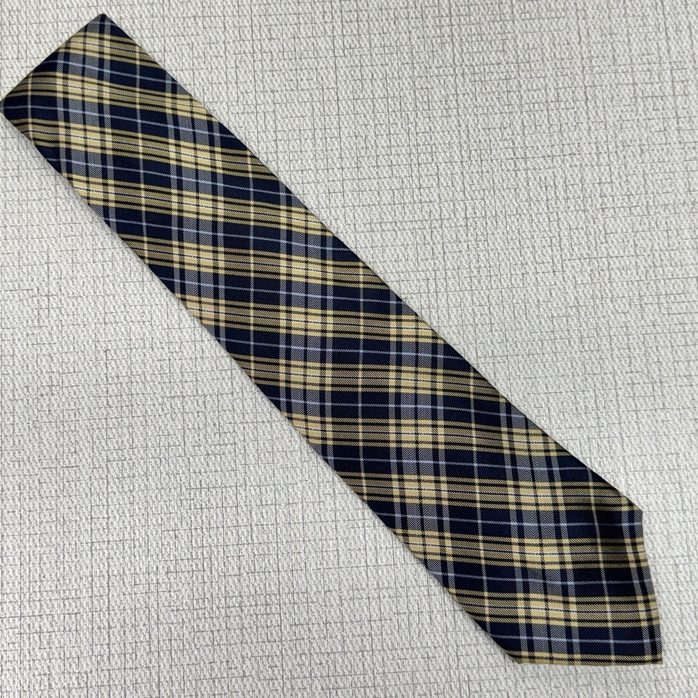 Chaps Plaid Necktie Mens OS Blue Gold Silk Classic Preppy Dark Academia Tie